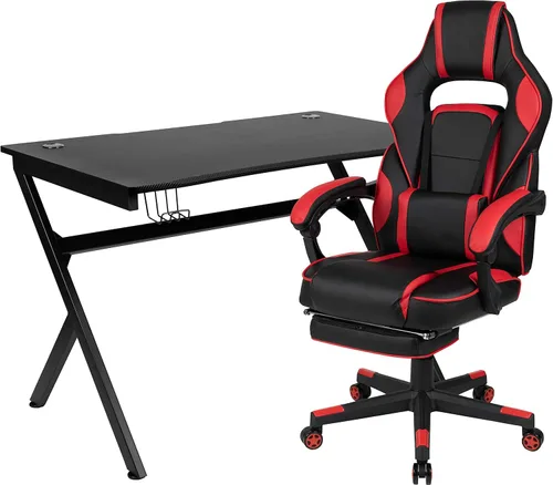 Miniatura 47 de Flash Furniture Juego de escritorio para juegos negro y silla de carreras blanco/negro con soporte para tazas, gancho para auriculares y soporte