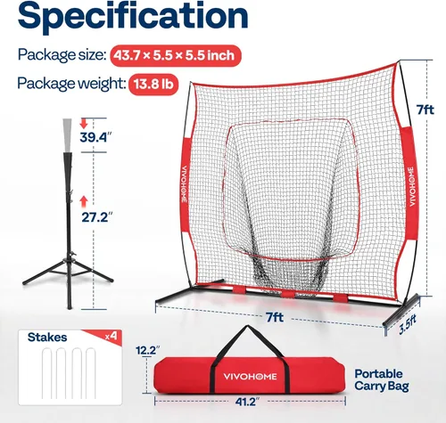 Miniatura 8 de VIVOHOME Baseball Softball Batting Net - 7x7 Ft Baseball Backstop, Softball Practice Net for Hitting, Pitching, Throwing with Batting Tee and Carry
