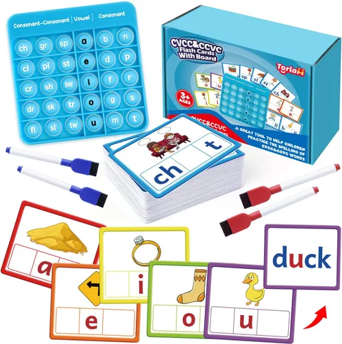 Torlam CVCC y CCVC Juegos de palabras, palabras a la vista, tarjetas flash de ortografía, lectura, aprendizaje de fonética, juguetes para niños,
