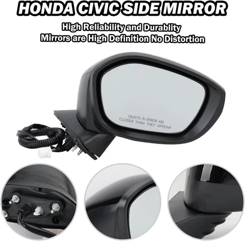 Miniatura 3 de Espejo lateral derecho del pasajero compatible con Honda Civic Sedan/Hatchback 2022, 2023, 2024, 2025, espejos con cristal eléctrico, sin 3 pines-BK