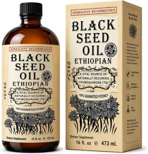 Aceite de semilla negra etíope de 16 onzas – Nigella sativa prensada en frío | Aceite de semilla de comino negro de alta timoquinona al 3.45% |
