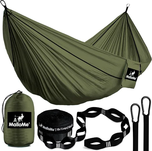 Miniatura 7 de Hamaca MalloMe para una o dos personas, para camping, set de hamaca colgante con 3 correas para árbol, hecha de nailon, es ligera, capacidad para 2