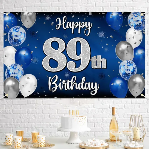 Miniatura 174 de Decoración de feliz cumpleaños 35, globo azul y plateado de 35 años, cartel grande de telón de fondo de cumpleaños, suministros para fiesta de 35th