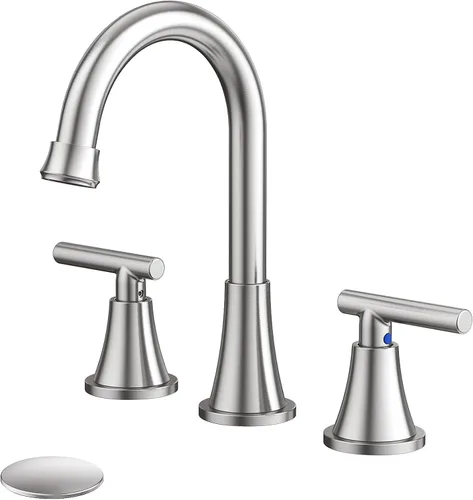 Grifos de Baño para Lavabo de 3 Orificios, Hurran Grifo de Lavabo de Baño de Níquel Cepillado con Desagüe Pop-up y Líneas de Suministro, Grifo