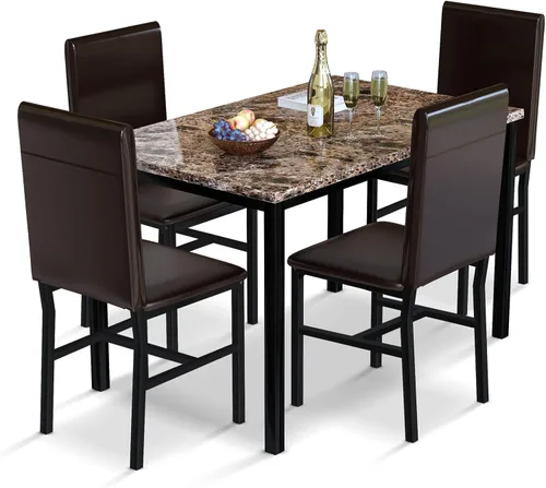 Miniatura 15 de AWQM Isla de cocina con asiento y estante de almacenamiento, mesa de isla de mármol sintético para cocina, mesa de bar moderna y sillas para 2