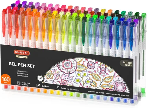Shuttle Art - Juego de 160 bolígrafos de gel con brillo, 80 colores, con 80 recargas para libros de colorear para adultos, dibujo, manualidades,