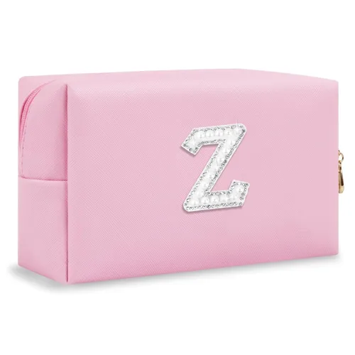 Miniatura 246 de Pequeña bolsa de maquillaje personalizada con inicial A-Z Preppy Patch, bolsa de cosméticos de viaje de felpilla blanca con cremallera, bonita bolsa