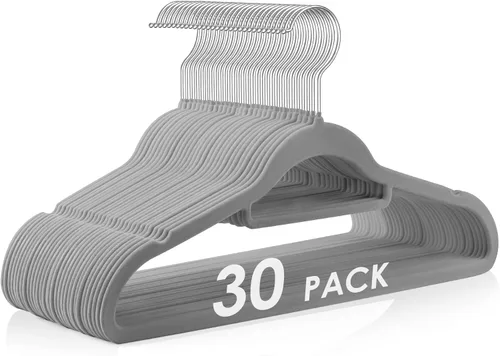 Miniatura 13 de DUDUCOFU Perchas de terciopelo antideslizantes de fieltro, paquete de 50 perchas de terciopelo gris para ropa que ahorran espacio, con gancho