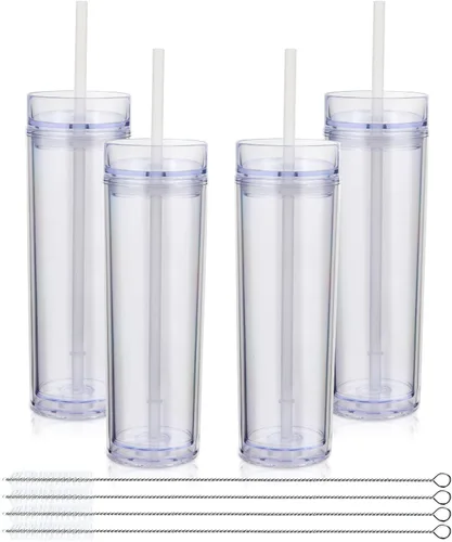 Miniatura 26 de Volhoply Vaso delgado de plástico de 16 onzas con tapa y pajita, paquete de 4 unidades, vasos aislados de doble pared de acrílico mate, sin BPA