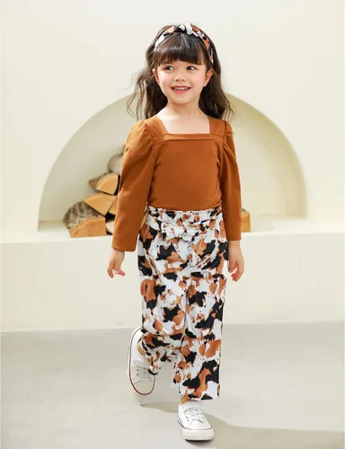 Miniatura 2 de Conjunto de 3 piezas de ropa para niña pequeña, cuello cuadrado, manga larga abombada, pantalones a rayas + diadema