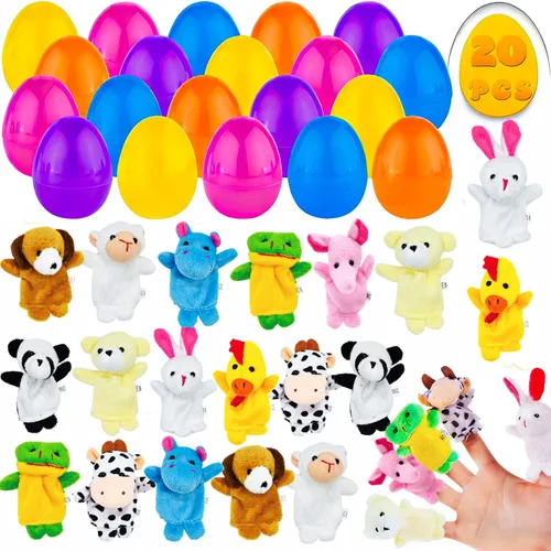 LUKBERA 20 huevos de Pascua rellenos con marionetas de dedo, huevo de plástico con marionetas de animales de dibujos animados para niños, cesta de