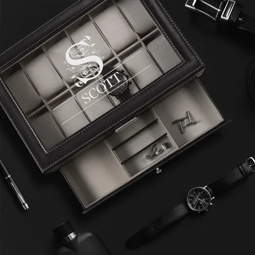 Miniatura 3 de Maverton Organizador de exhibición de relojes para hombres 12 ranuras Elegante caja personalizada para hombre Estuche para coleccionista Soporte