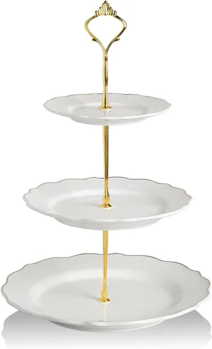 Miniatura 17 de Sweejar Soporte de cerámica para tartas de 3 niveles, soporte para postres, soporte para cupcakes, bandeja para servir pasteles de fiesta de té