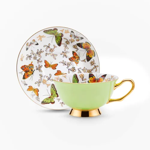Miniatura 5 de LURRIER Taza de café con platillo para café con leche, té capuchino con mariposas de 6.8 onzas, porcelana fina de hueso, apta para lavavajillas