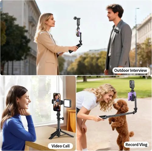 Miniatura 6 de yAyusi Kit de vlogging para iPhone/Android, trípode para selfie stick de 30.71 pulgadas con luz, micrófono y cajas de almacenamiento, kit básico