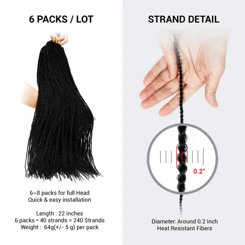 Miniatura 2 de AU-THEN-TIC Cabello senegalés con trenzas de ganchillo de 22 pulgadas, 6 paquetes de 40 mechones por paquete, extensiones de cabello de ganchillo