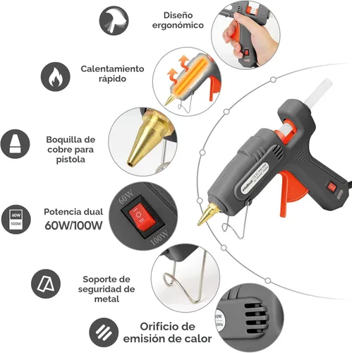 Miniatura 2 de ROMECH Pistola de pegamento caliente de tamaño completo con potencia dual 60/100 W y 21 barras de pegamento caliente (7/16"), pistola de pegamento
