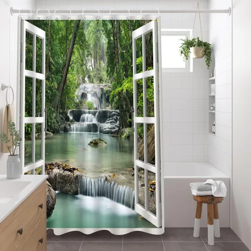 Miniatura 5 de Cortina de ducha con diseño de cascada de bosque, primavera, naturaleza, paisaje, verde, tropical, selva, selva, río, piedra, paisaje, juego