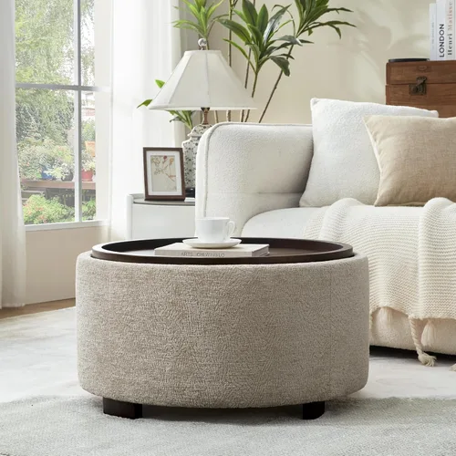 Miniatura 14 de Zihanhome Mesa de Centro Otomana de Almacenamiento Redonda de 30 Pulgadas, Otomana Boucle Moderna con Tapa Desmontable y Patas de Madera Maciza