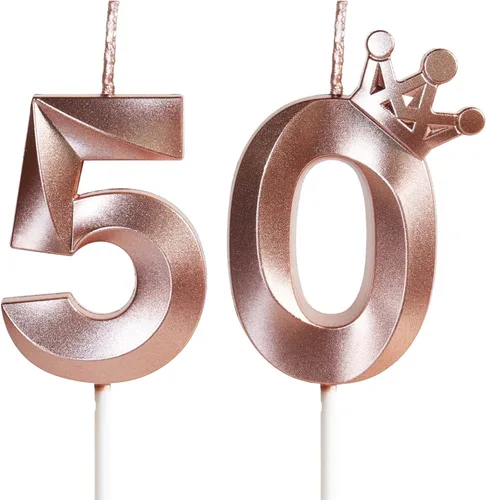Velas de cumpleaños número 50 para pastel, velas de oro rosa con corona número 50, adorno de pastel de cumpleaños 3D para mujer, suministros de
