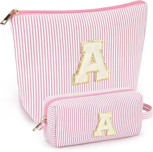Miniatura 10 de 2 piezas de bolsas de maquillaje iniciales para mujeres: bolsa de cosméticos para viaje y artículos de tocador - Regalos de cumpleaños para niñas