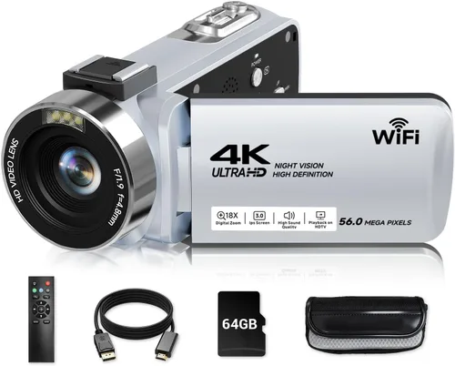 Miniatura 10 de Videocámara, Grabadora de Video Digital 4K 56MP 18X Zoom 3" Pantalla Táctil con Rotación de 270° Visión Nocturna IR, Cámara para Vlogs WiFi para Rosa