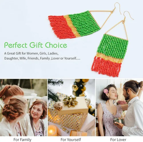 Miniatura 3 de Aretes de borla hechos a mano, aretes de cuentas de semillas, aretes bohemios con flecos para mujer