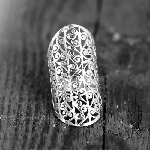 Miniatura 7 de Boho-Magic Anillo de plata de ley para mujer, banda ancha grande, dedo completo