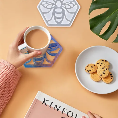 Miniatura 3 de Paquete de 2 moldes hexagonales de resina de silicona de grado alimenticio para fundición epoxi, soporte para tazas de automóvil, bandeja de ágata
