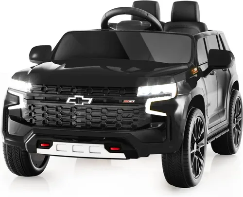Costzon Vehículo eléctrico Chevrolet Tahoe con licencia de 12 V con control remoto de 2.4 G, velocidad alta/baja, música, luces, MP3/USB/FM, Negro