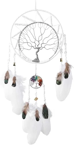 Miniatura 15 de Árbol de la vida negro de 7 chakras, decoración de pared con piedra de cristal curativo arco iris, hecho a mano, plumas, atrapasueños, adorno