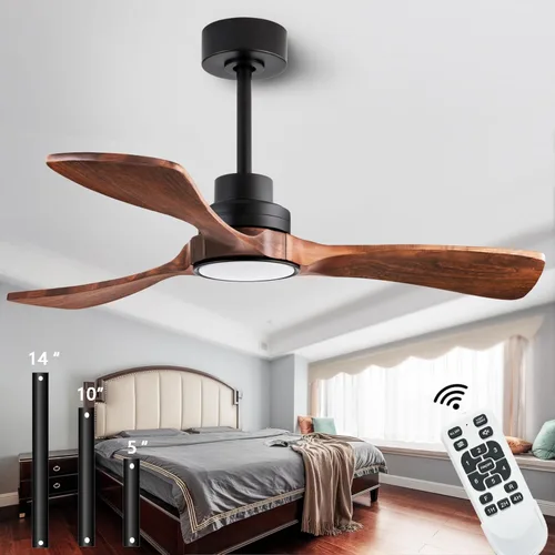 Miniatura 16 de Ventilador de techo de 52 pulgadas sin luz, con control remoto, motor CC reversible, con 3 aspas de madera maciza, para patio, sala de estar, Nogal