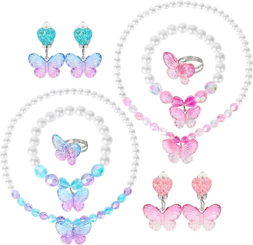2 juegos de joyería de princesa para niñas pequeñas, juego de joyería de mariposa para niños, collares elásticos, pulseras, anillos y pendientes de