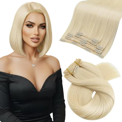 Miniatura 86 de Moresoo Extensiones de cabello humano Remy con clip, color rubio platino, extensiones de cabello humano real de doble trama, color rubio #60, 18