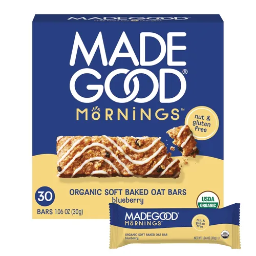 MadeGood Mornings - Barras de desayuno horneadas suaves, sabor a arándano, 1.06 oz (30 unidades) Aperitivos sin gluten