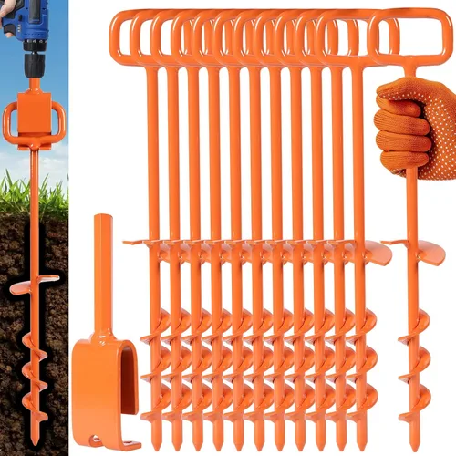 Miniatura 9 de Estacas de tienda de campaña de 16 pulgadas con 6 adaptadores resistentes, anclajes de tierra de tornillo, kit de enderezamiento de árboles, Negro
