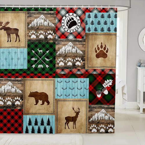Manfei Cortinas de ducha con diseño de oso de ciervo para niños, conos de pinos, cuernos de pata de animal, cortinas de baño impermeables con 12