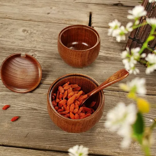Miniatura 9 de Paquete de 2 tarros de condimentos japoneses, tarros de especias de madera maciza con tapa y cuchara, contenedor de madera de azufaifo, madera