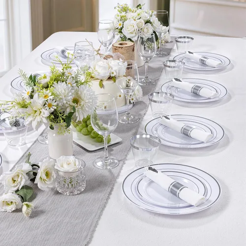 Miniatura 4 de DaYammi Juego de vajilla de plástico plateado de 350 piezas para 50 invitados, platos desechables elegantes para fiestas, incluye: 50 platos llanos