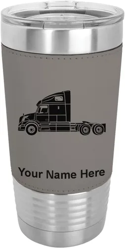 Miniatura 20 de LaserGram Taza aislada al vacío de 20 onzas, cabina de camión, grabado personalizado incluido (piel sintética, negro)