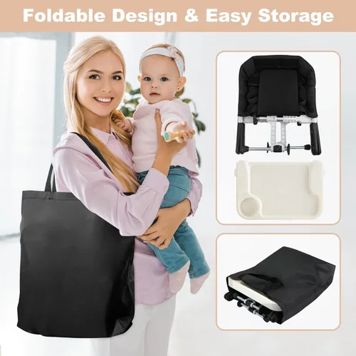 Miniatura 6 de Silla alta de gancho: silla de viaje portátil para bebé y niño, clip plegable con bandeja de comedor extraíble, tablero de respaldo y bolsa de Negro