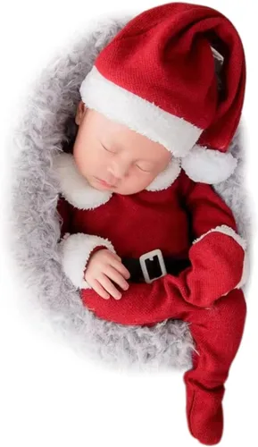 Miniatura 7 de ForBaysy Accesorios de Fotos de Navidad para Bebé Recién Nacido Traje de Sesión de Fotos para Niños y Niñas Disfraz Mono Rojo con Gorro de Navidad