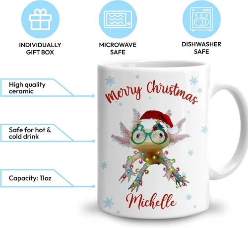 Miniatura 3 de Hyturtle Regalos personalizados para amantes de los ajolotes – Taza de café de cerámica con nombre personalizado de Feliz Navidad de 11 oz – Lindo
