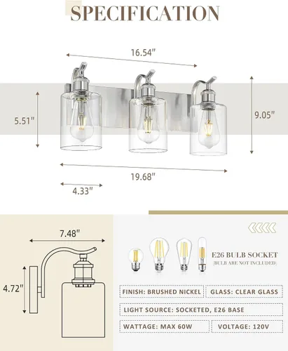 Miniatura 2 de Lámpara de tocador de baño de 3 luces, aplique de pared de níquel cepillado, lámpara de baño moderna con vidrio transparente, VL01BN-3 Níquel