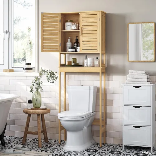 Miniatura 2 de SONGMICS Armario de almacenamiento sobre el inodoro, armario de baño con estante interior ajustable y barra estabilizadora inferior, estante