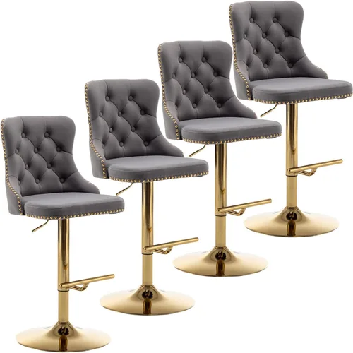 Miniatura 10 de Cinxzar Juego de 2 taburetes de bar de terciopelo, taburetes de bar giratorios de altura de mostrador con ribete de cabezas de clavos y botón, Gris
