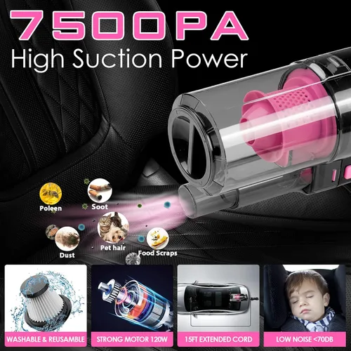 Miniatura 4 de Kit de limpieza de automóvil de 37 piezas, kit de detalles interiores de automóvil rosa con aspiradora de mano de alta potencia, juego de cepillos