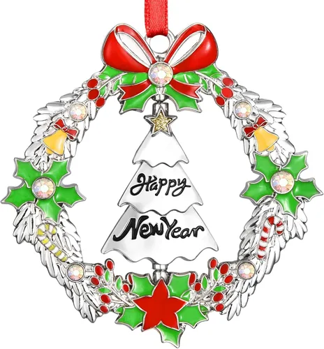 Miniatura 3 de Adorno de Navidad 2025, decoración para árbol de Navidad, corona de Navidad de metal con árbol giratorio fechado 2025, adornos plateados brillantes