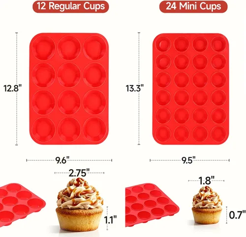 Miniatura 3 de Molde de silicona para magdalenas, mini molde para magdalenas, 12 tazas regulares y mini 24 tazas de lata para magdalenas, juego de 2 para hornear