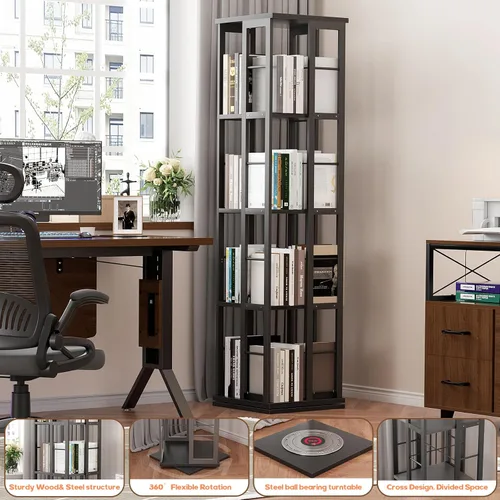 Miniatura 6 de Aheaplus Estantería giratoria, estantería de esquina, estantería giratoria de madera de 360 grados, estantería de pie angosta, organizador giratorio